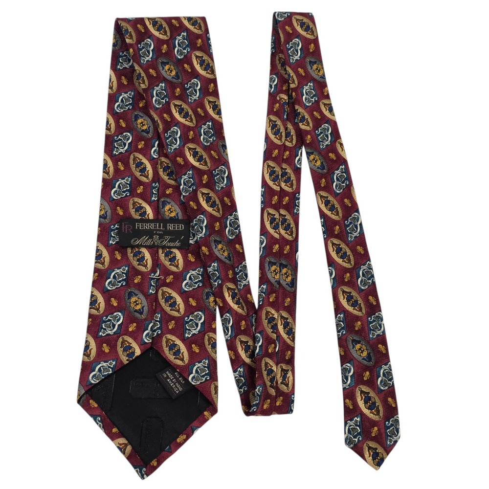 Ferrell Reed Mens Necktie Red Blue Gold Silk Floral Handmade USA Formal Luxury~~